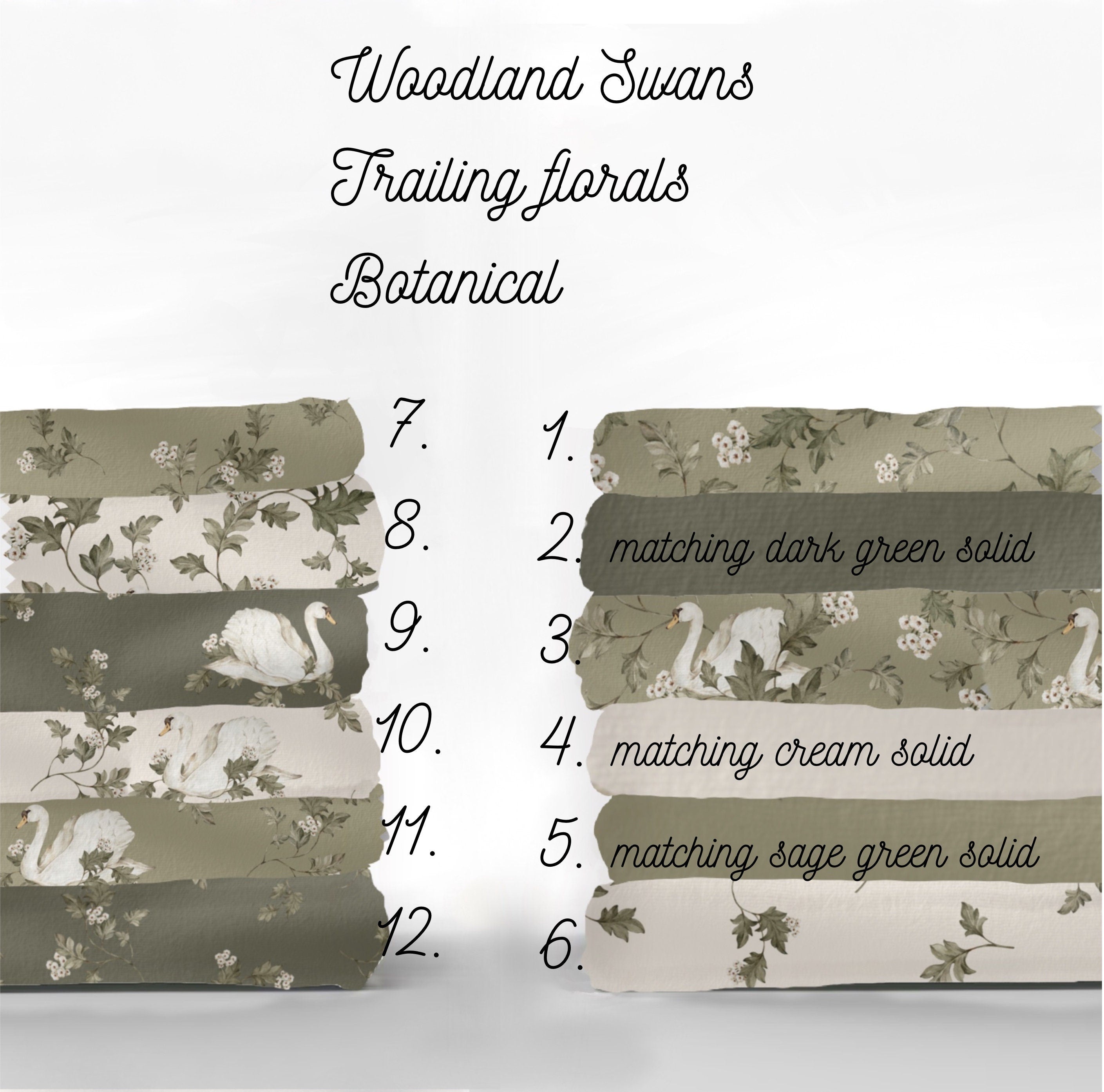 WOODLAND SWANS Stoffpaket Mix & Match WOODLAND Salbeigrün Baumwollstoff Meterware Quilting Cotton Mix Match Salbeifarbene Blumen Salbeifarbene Vögel