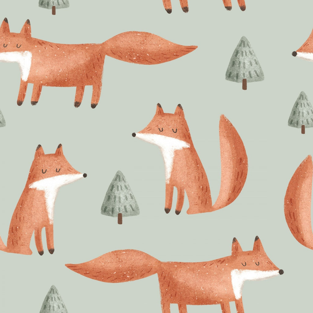 Tkanina lis FOX tkanina niemowlęca lis mama tkanina szałwiowa zielona tkanina zwierzęca niemowlęca tkanina zwierzęca do pokoju dziecięcego Mieszaj i dopasowuj tkaniny koordynujące do pikowania