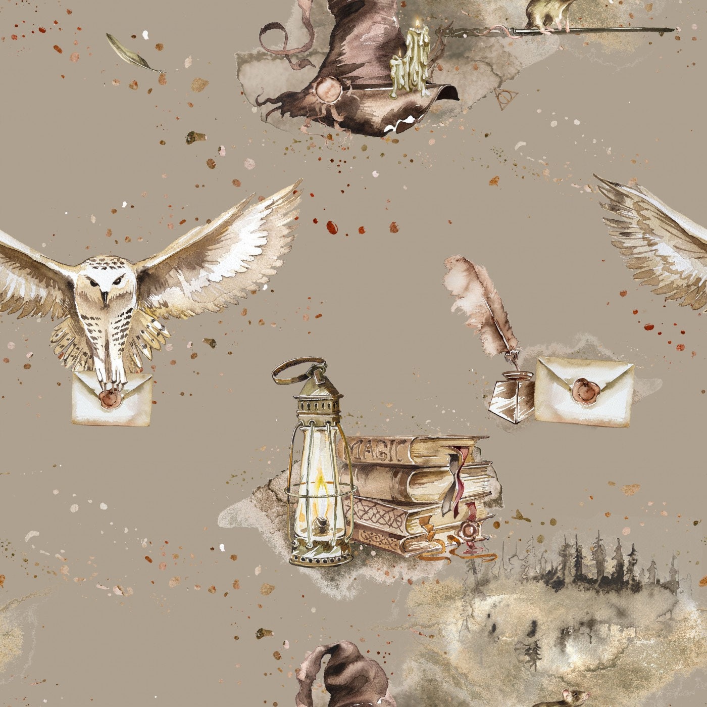 MAGIC Spell taupe Stoff Zauberschule Stoff Halloween Stoff Eulenstoff Zauberer Stoff Bettwäsche Baumwollstoff für Baby Stoff für Decke