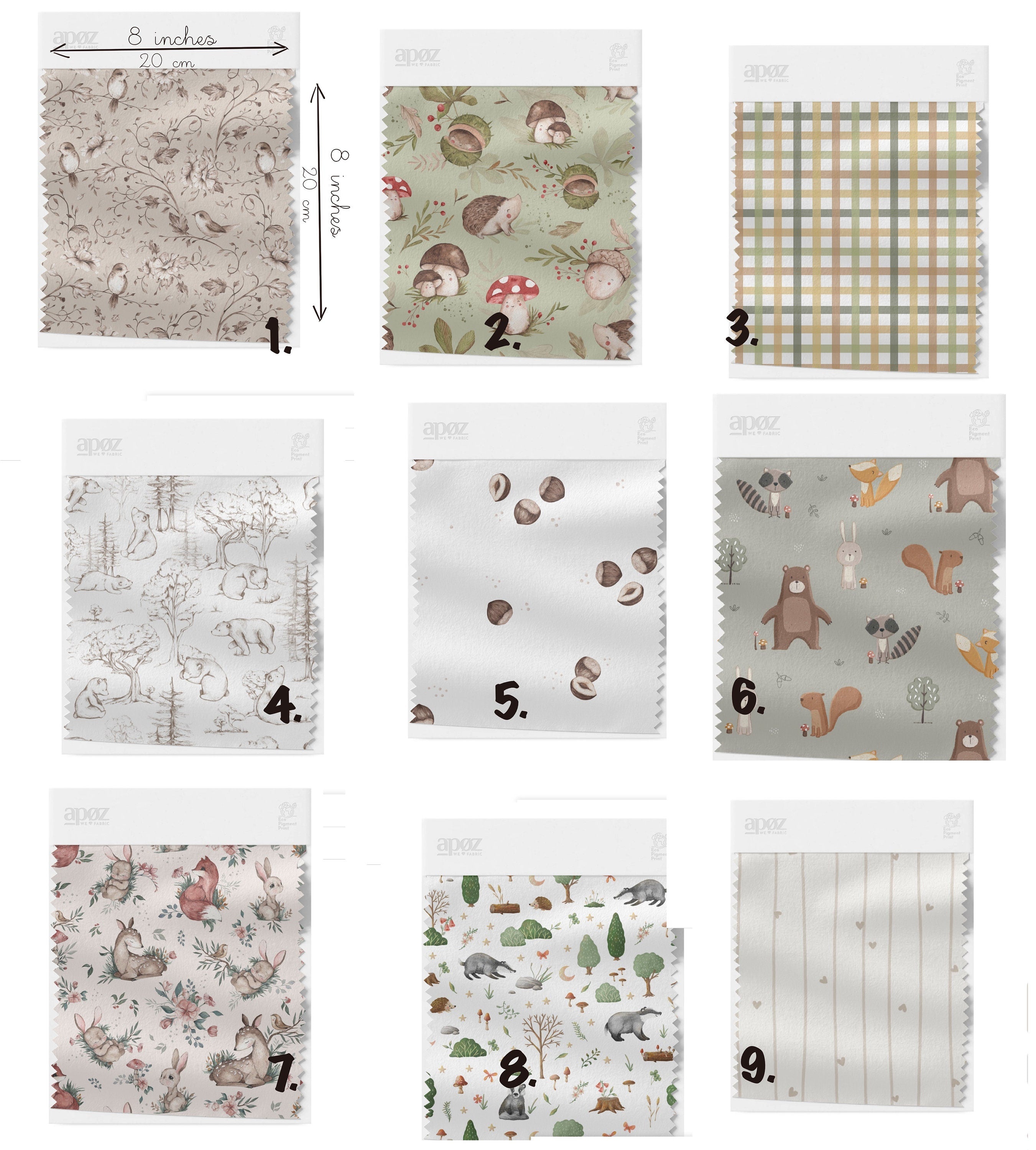 WOODLAND Stoffpaket Mix & Match WOODLAND Salbeigrün Baumwollstoff als Meterware Schachbrett Petal Quilt-Stoff Mix Match Salbei Tier