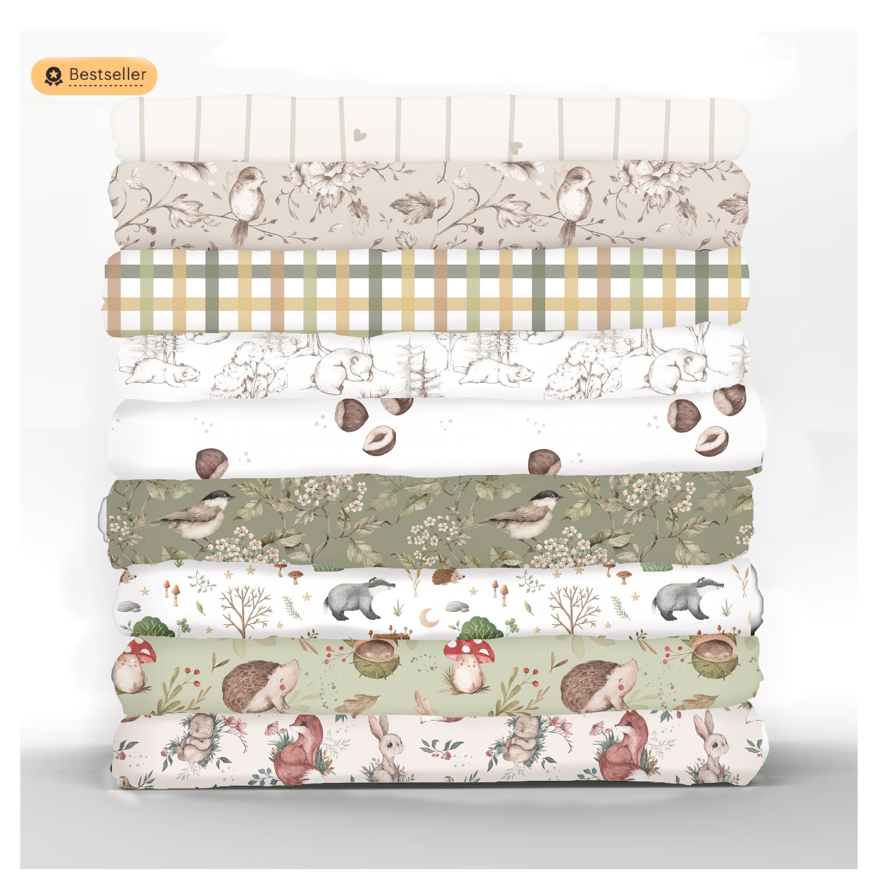 WOODLAND Stoffpaket Mix & Match WOODLAND Salbeigrün Baumwollstoff als Meterware Schachbrett Petal Quilt-Stoff Mix Match Salbei Tier