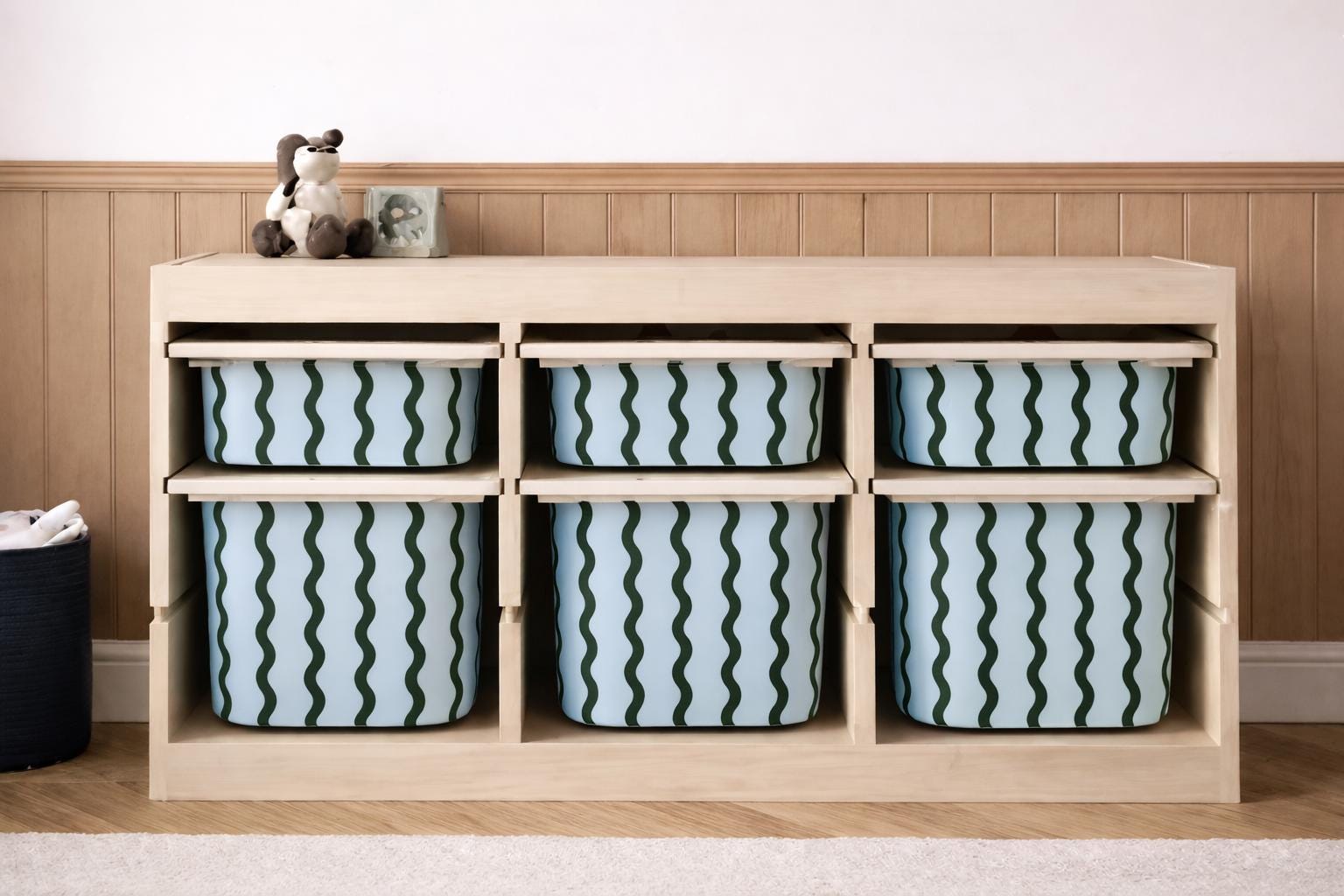Sky Blue TROFAST Behälteraufkleber Wellenlinien IKEA TROFAST Wellenstreifen Trofast Behälterabziehbilder Vinylfolien Retro Trofast Aufkleber Blau