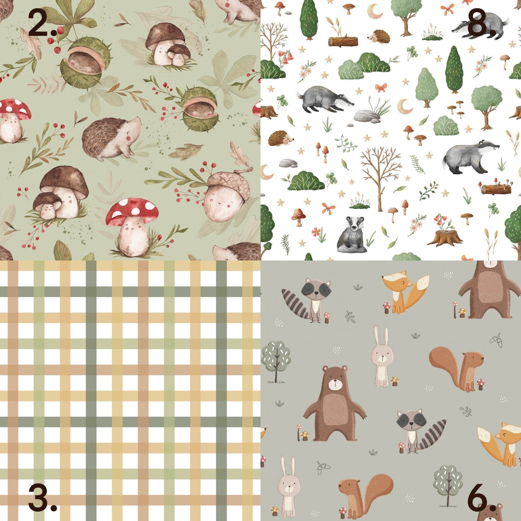 WOODLAND Stoffpaket Mix & Match WOODLAND Salbeigrün Baumwollstoff als Meterware Schachbrett Petal Quilt-Stoff Mix Match Salbei Tier
