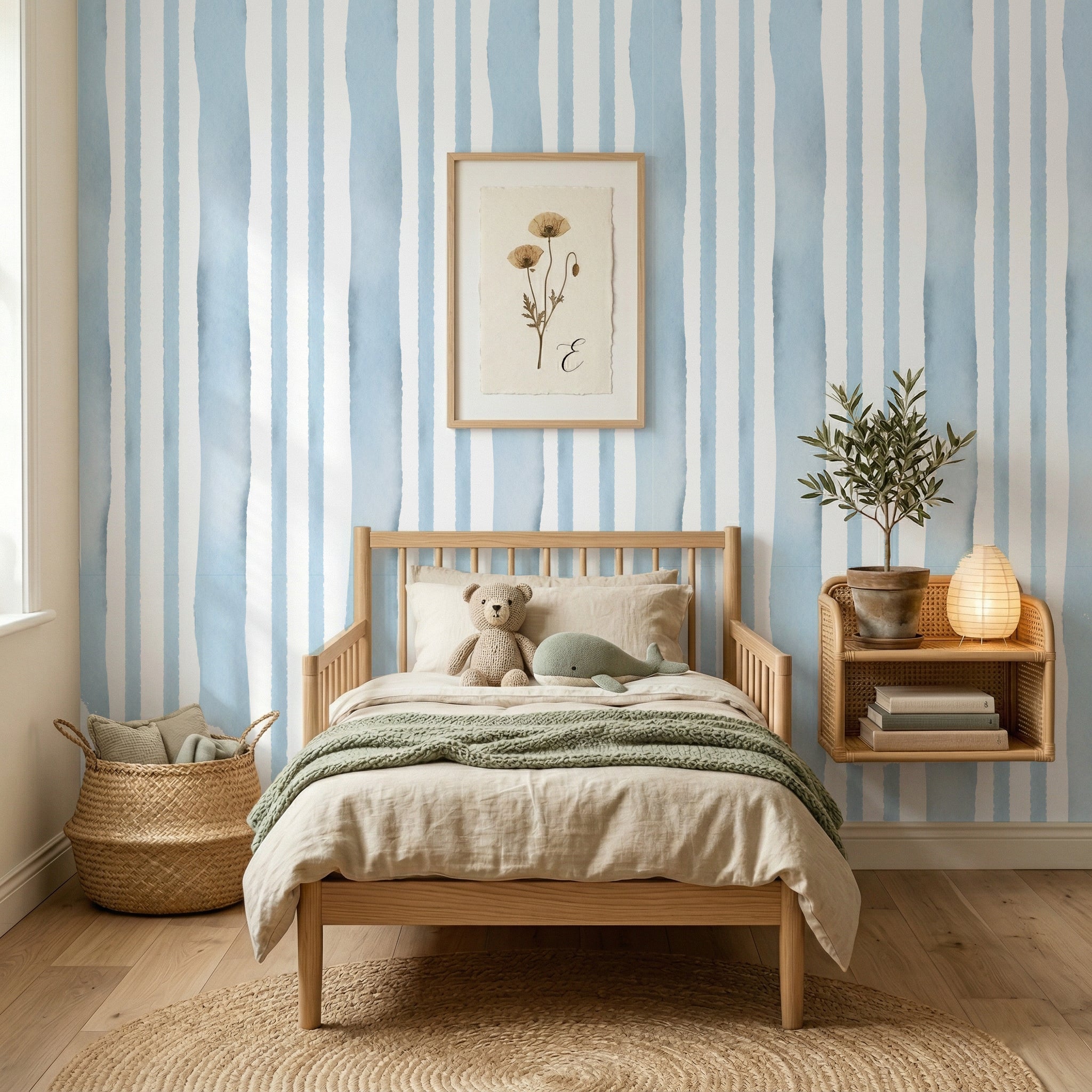 Blue Water Colour Stripes Wallpaper| Coquette Kids Room Nursery Wallpaper | Removable Girls Bedroom Feature Wall | Vintage Inspired Baby Room Decor