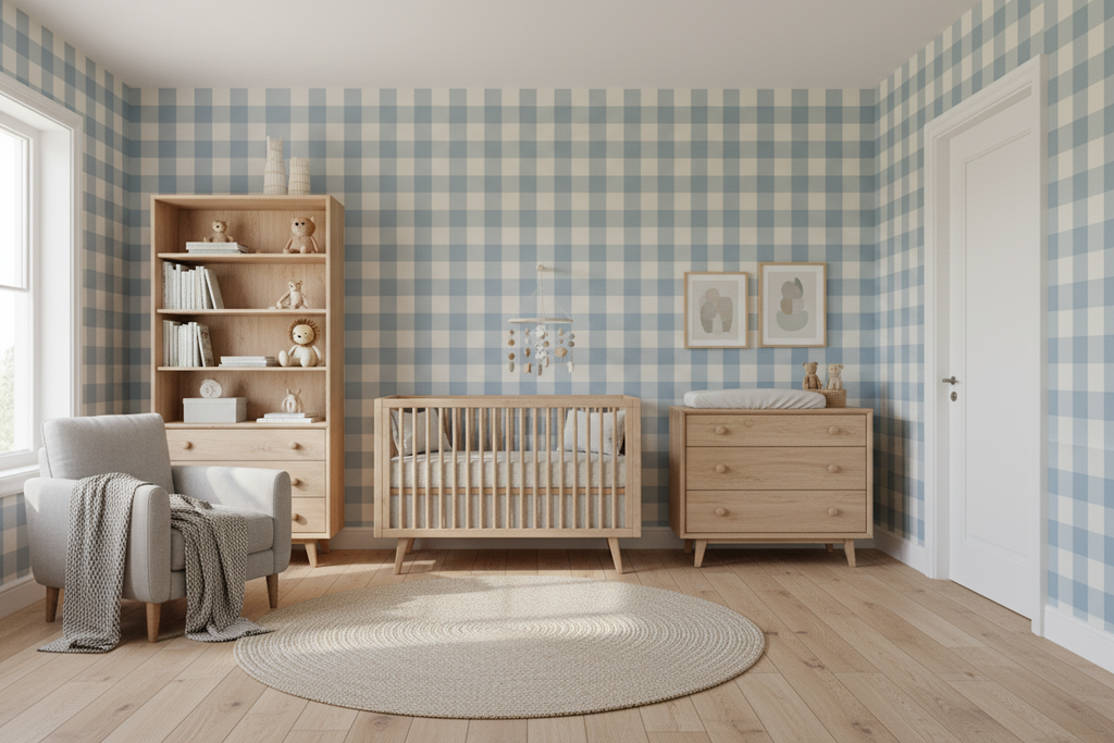 Dusty Sky Blue Gingham Check Traditional Paper Wallpaper Matte Finish Stripe Size: 100x280 cm