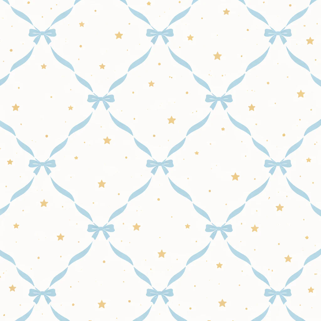 Blue Ribbon Yellow Stars Trellis Coquette Wallpaper