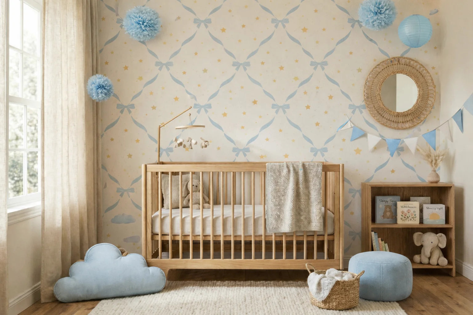 Blue Ribbon Yellow Stars Trellis Coquette Wallpaper