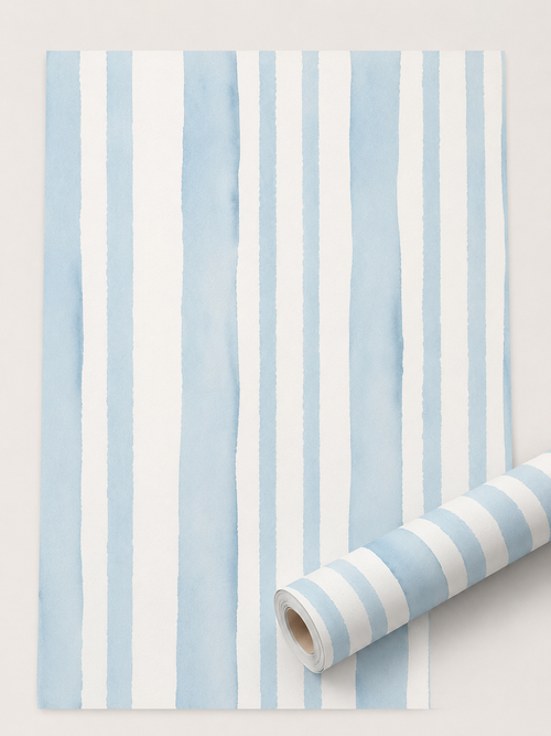 Blue Water Colour Stripes Wallpaper| Coquette Kids Room Nursery Wallpaper | Removable Girls Bedroom Feature Wall | Vintage Inspired Baby Room Decor