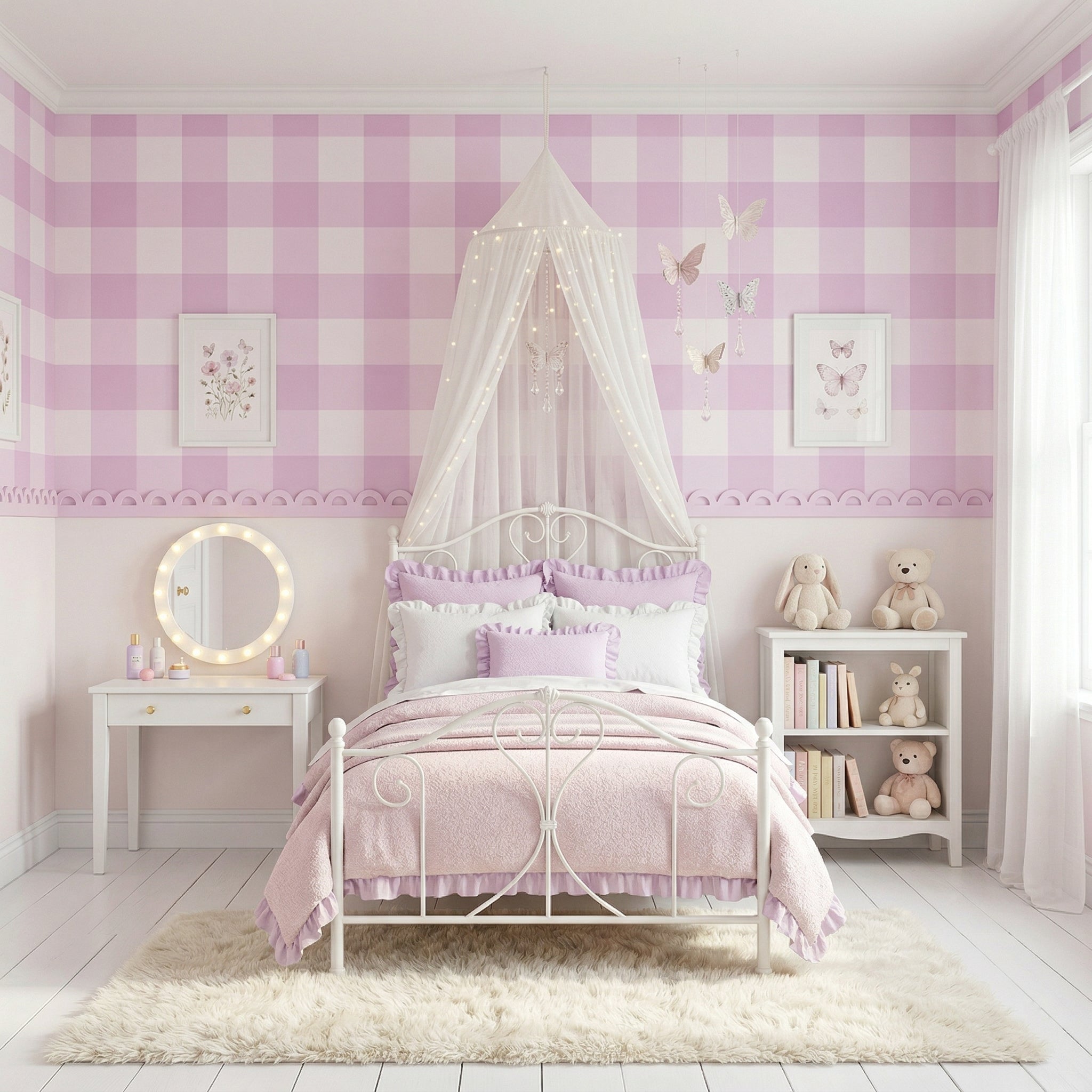 Pink & White Gingham Check Wallpaper with Scallop Border | Girls Princess Nursery Wallpaper | Coquette Kids Bedroom Feature Wall | Cottage Fairytale Half-Wall Wainscoting Decor