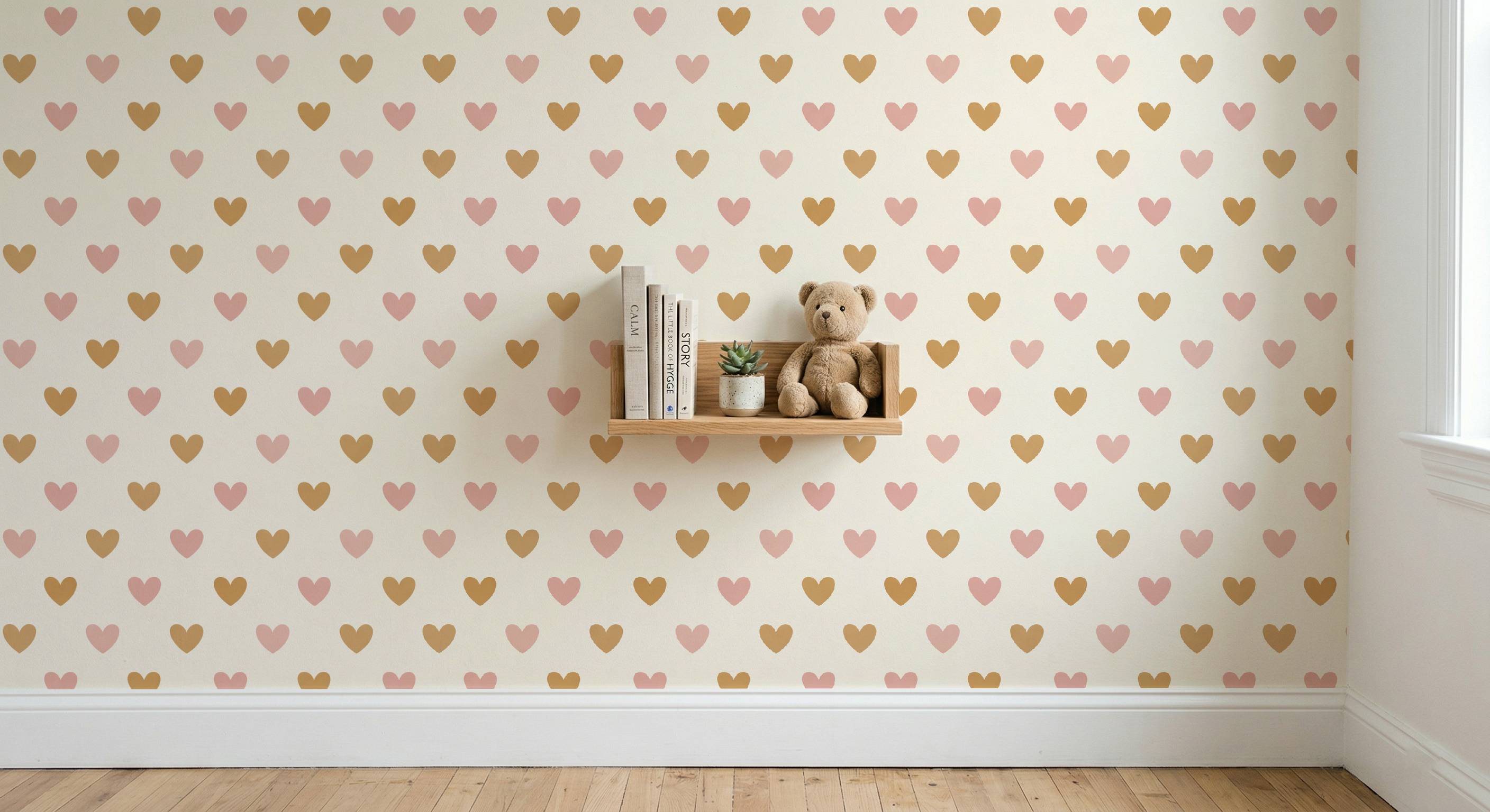 Pink & Creme Heart Pattern Wallpaper | Boho Girls Nursery Wallpaper | Kids Bedroom Feature Wall | Cute Heart Baby Room Decor | Scandi Toddler Room Wall