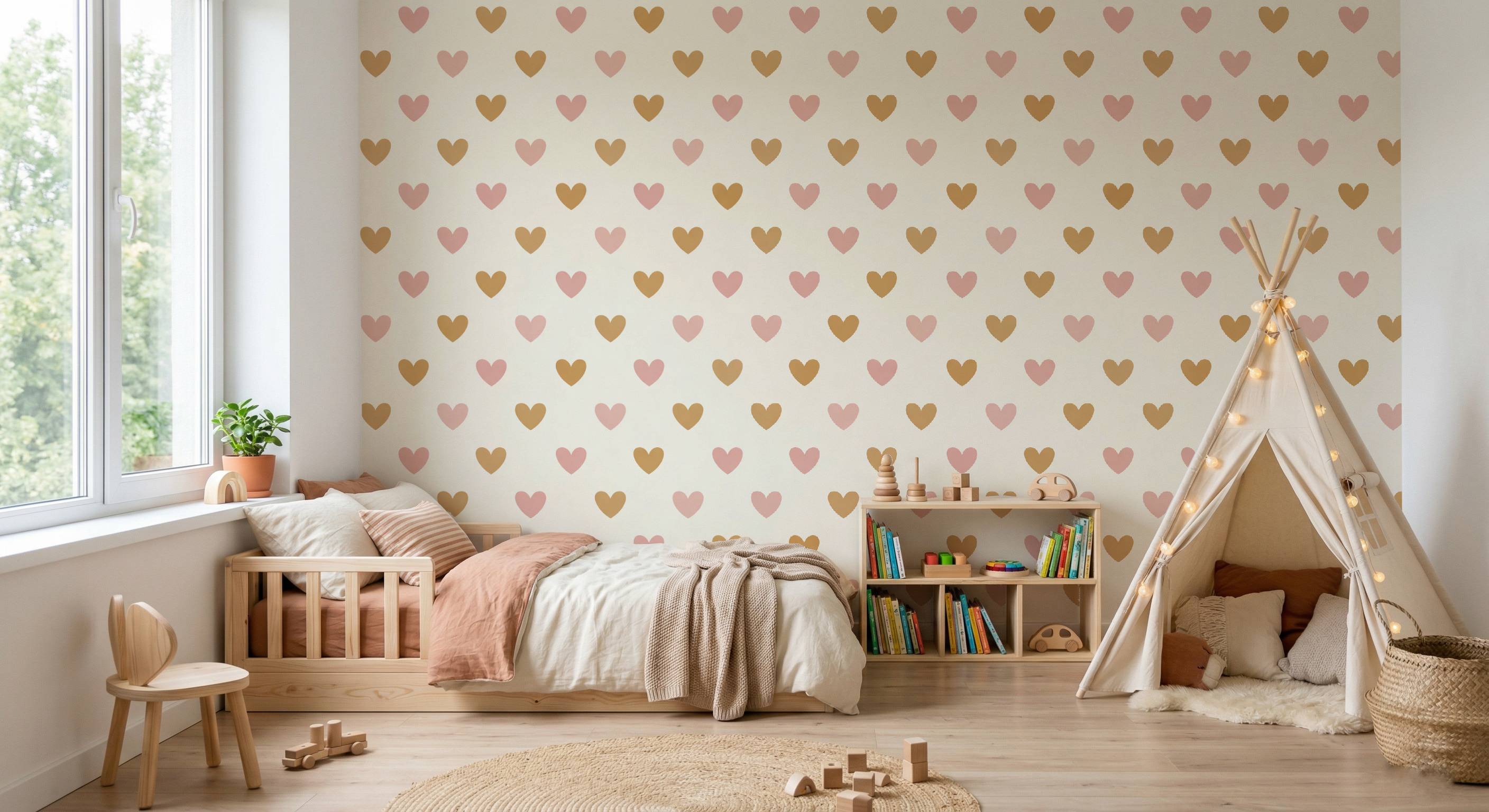 Pink & Creme Heart Pattern Wallpaper | Boho Girls Nursery Wallpaper | Kids Bedroom Feature Wall | Cute Heart Baby Room Decor | Scandi Toddler Room Wall