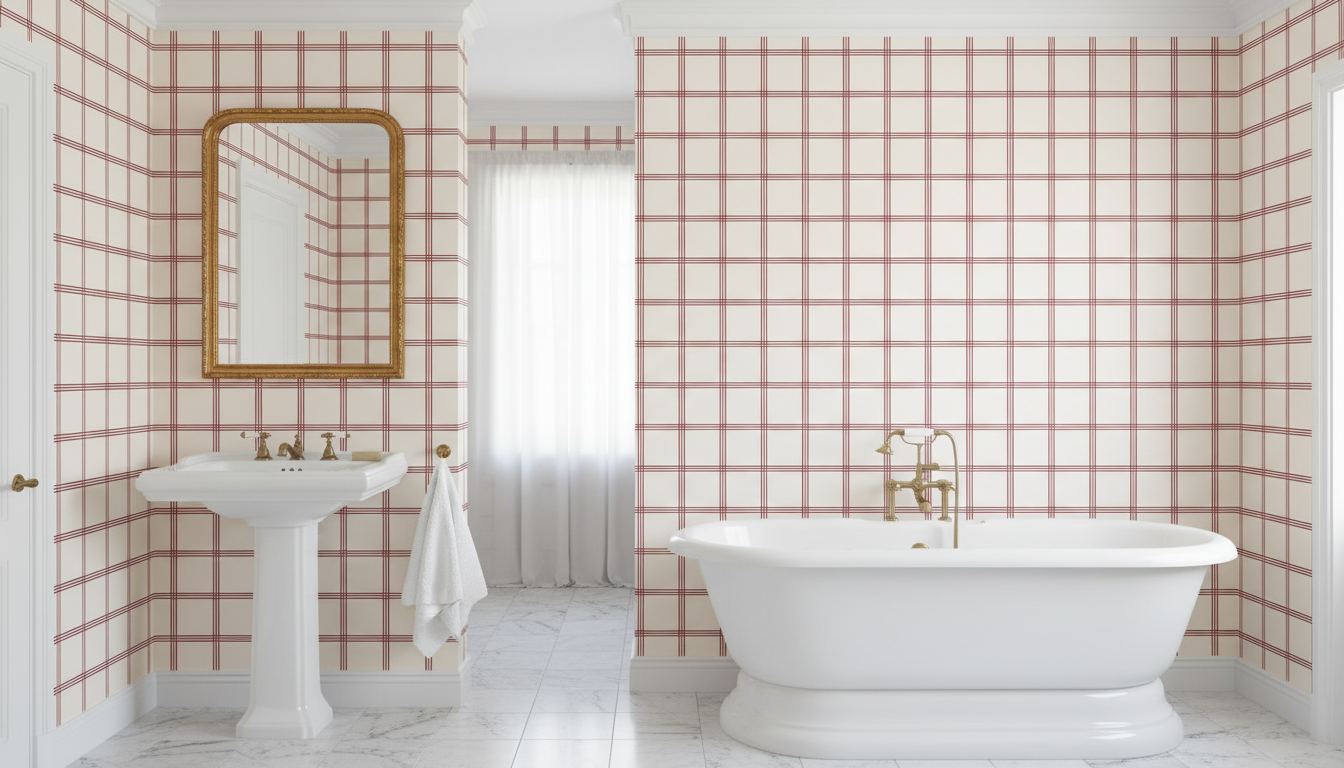 Triple Red Lines Grid Wallpaper | Vintage Style Wallpaper | Feature Wall Vintage Inspired  Room Decor