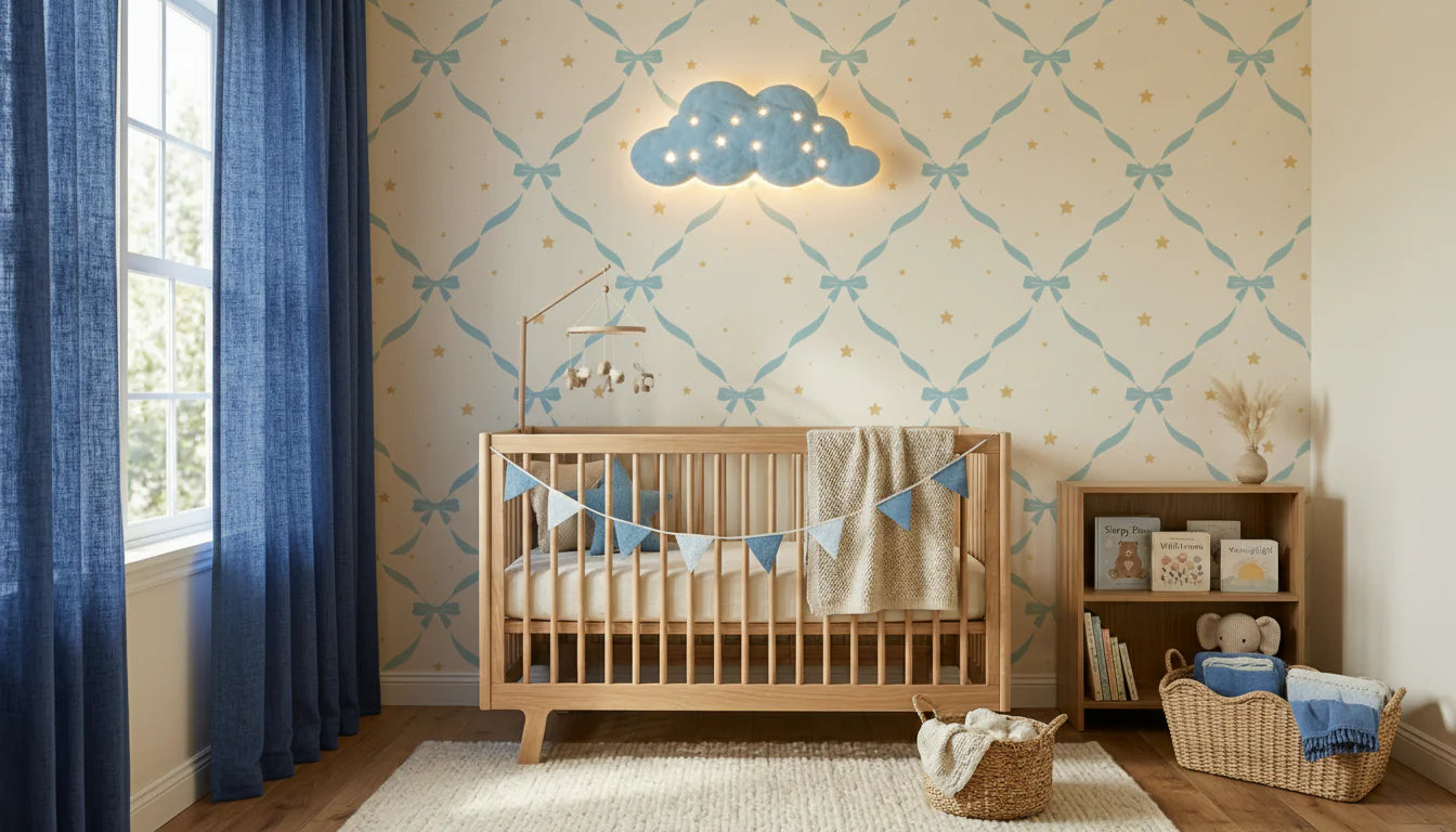 Blue Ribbon Yellow Stars Trellis Coquette Wallpaper