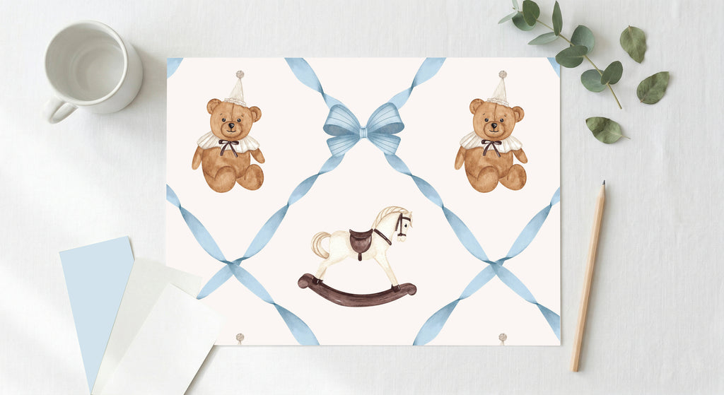 Bows and Toys Peel and Stick Wallpaper | Blue Bow Trellis Kids Room Nursery Wallpaper | Removable Baby Boy Room Decor