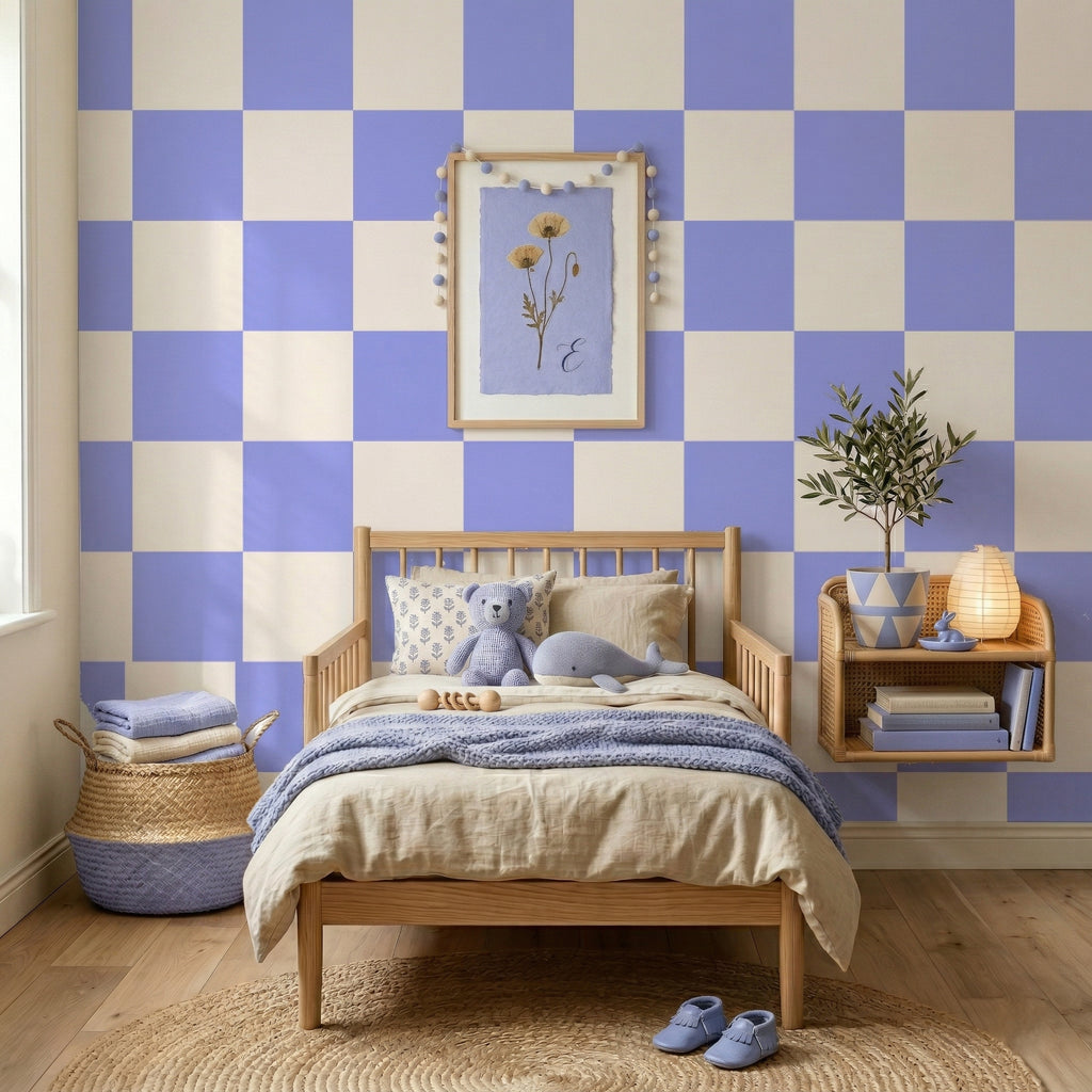White & Blue Checkered Nursery Wallpaper Toddler Bedroom Wallpaper