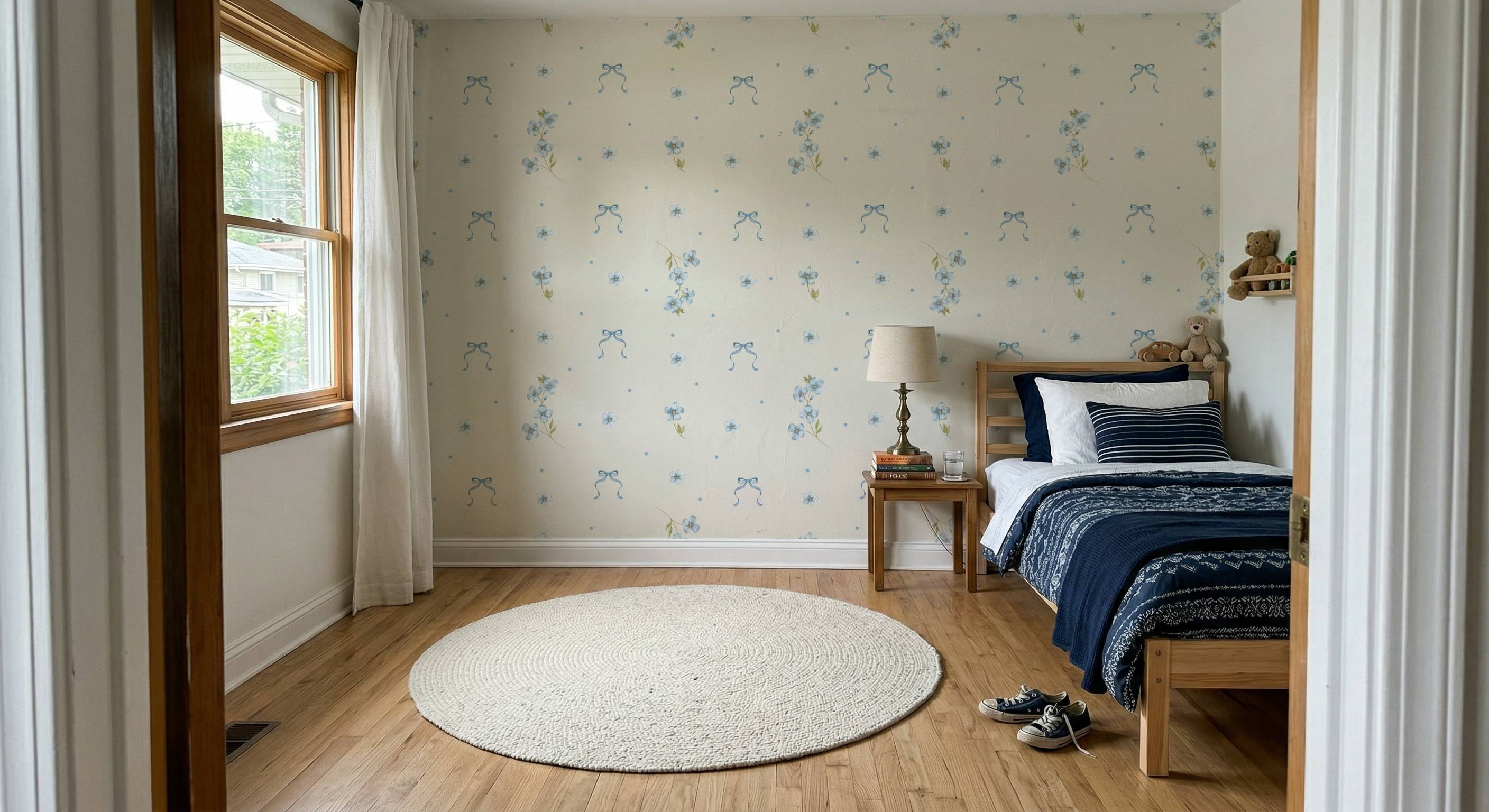 Flowers Dots Bows Wallpaper | Coquette Forget-Me-Not Kids Room Nursery Wallpaper | Girls Bedroom Feature Wall | Vintage Cottagecore Baby Room Decor