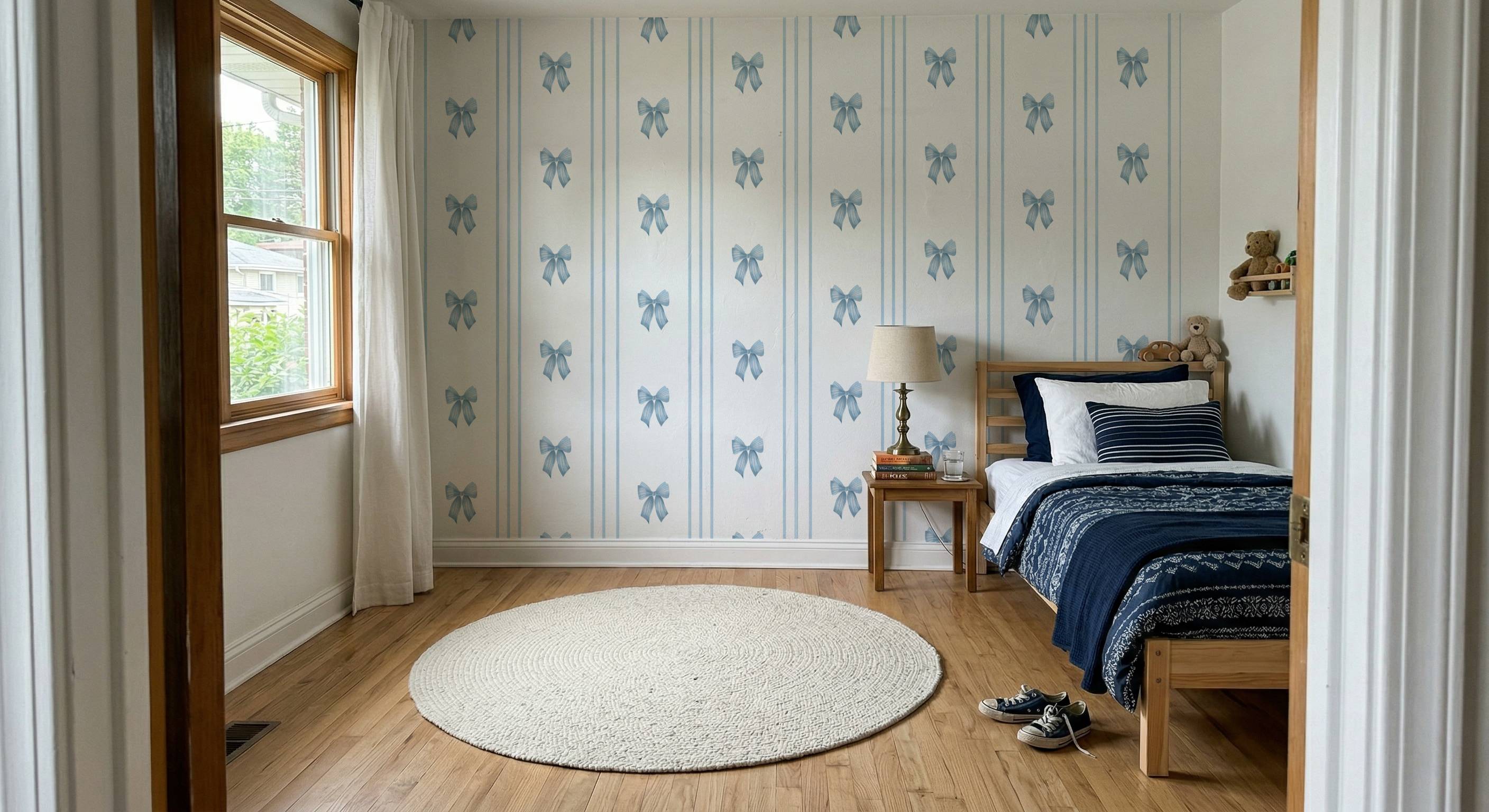 Bow & Triple Stripe Coquette Wallpaper| Coquette Kids Room Nursery Wallpaper | Removable Girls Bedroom Feature Wall | Vintage Inspired Baby Room Decor