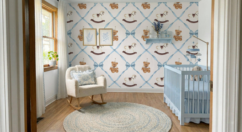 Bows and Toys Peel and Stick Wallpaper | Blue Bow Trellis Kids Room Nursery Wallpaper | Removable Baby Boy Room Decor