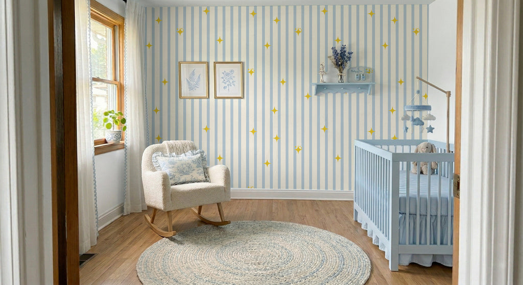Beige & Blue Stripes And Stars Wallpaper Blue Stripe Star Nursery Wallpaper
