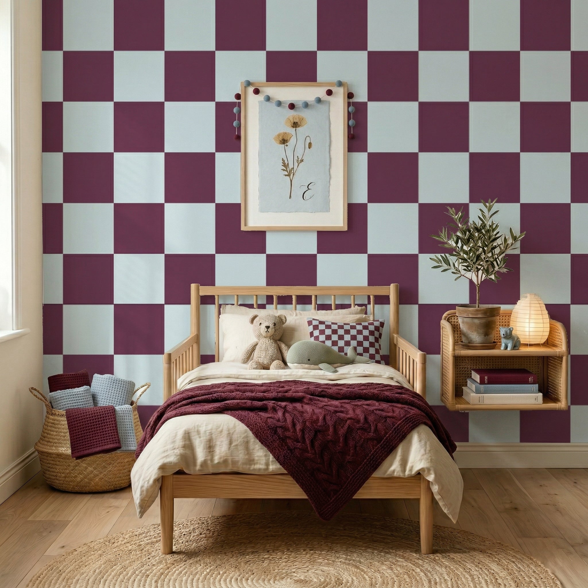 Burgundy and white Checkered Nursery Wallpaper Toddler Bedroom Wallpaper