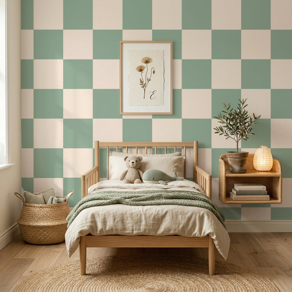 White & Green Checkered Nursery Wallpaper Toddler Bedroom Wallpaper