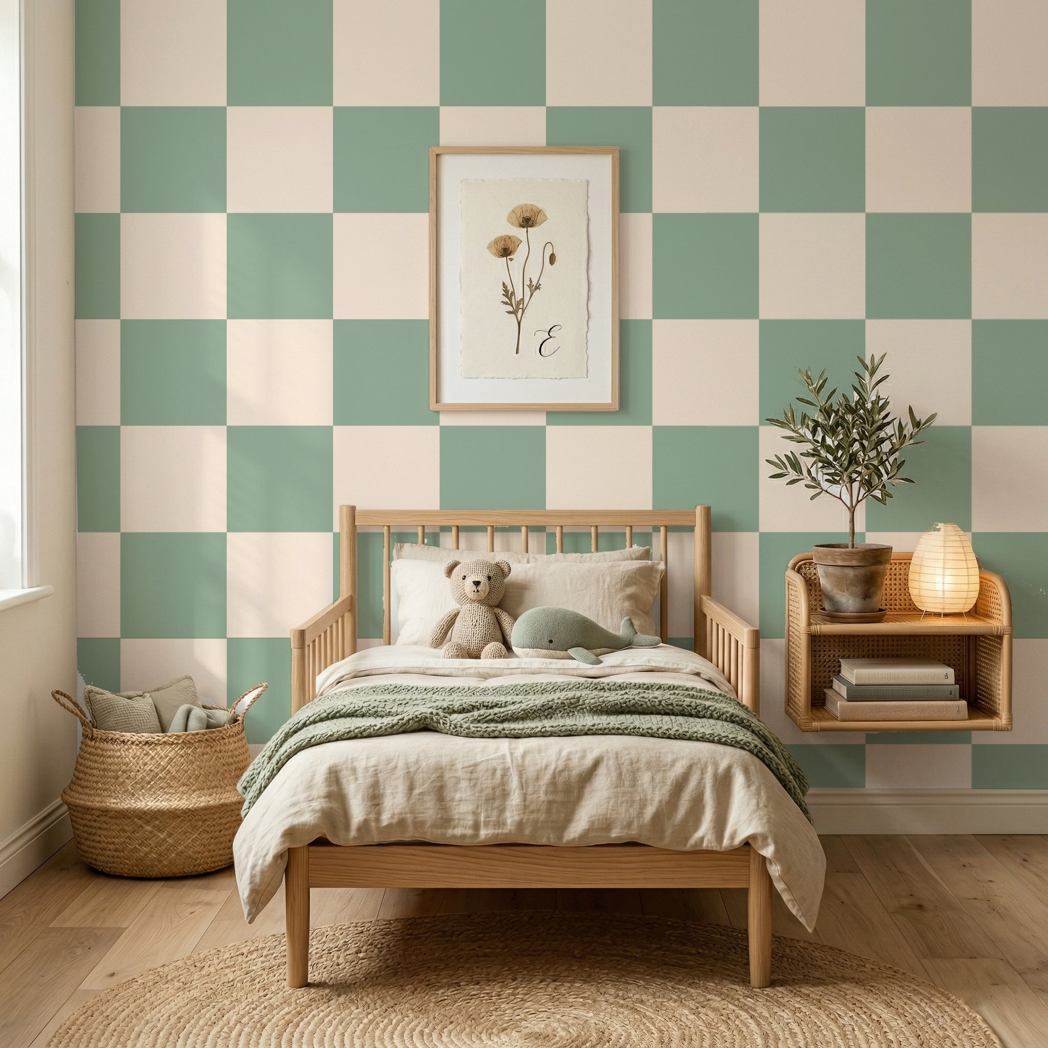 White & Green Checkered Nursery Wallpaper Toddler Bedroom Wallpaper