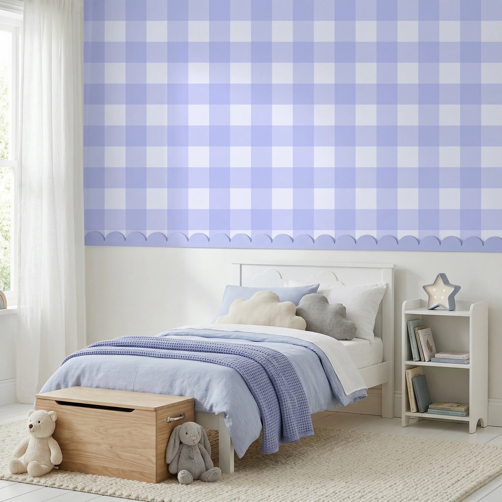 Blue & White Gingham Check Wallpaper with Scallop Border | Kids Bedroom Nursery Wallpaper | Boys Girls Toddler Room Feature Wall | Classic Cottage Wainscoting Half-Wall Decor