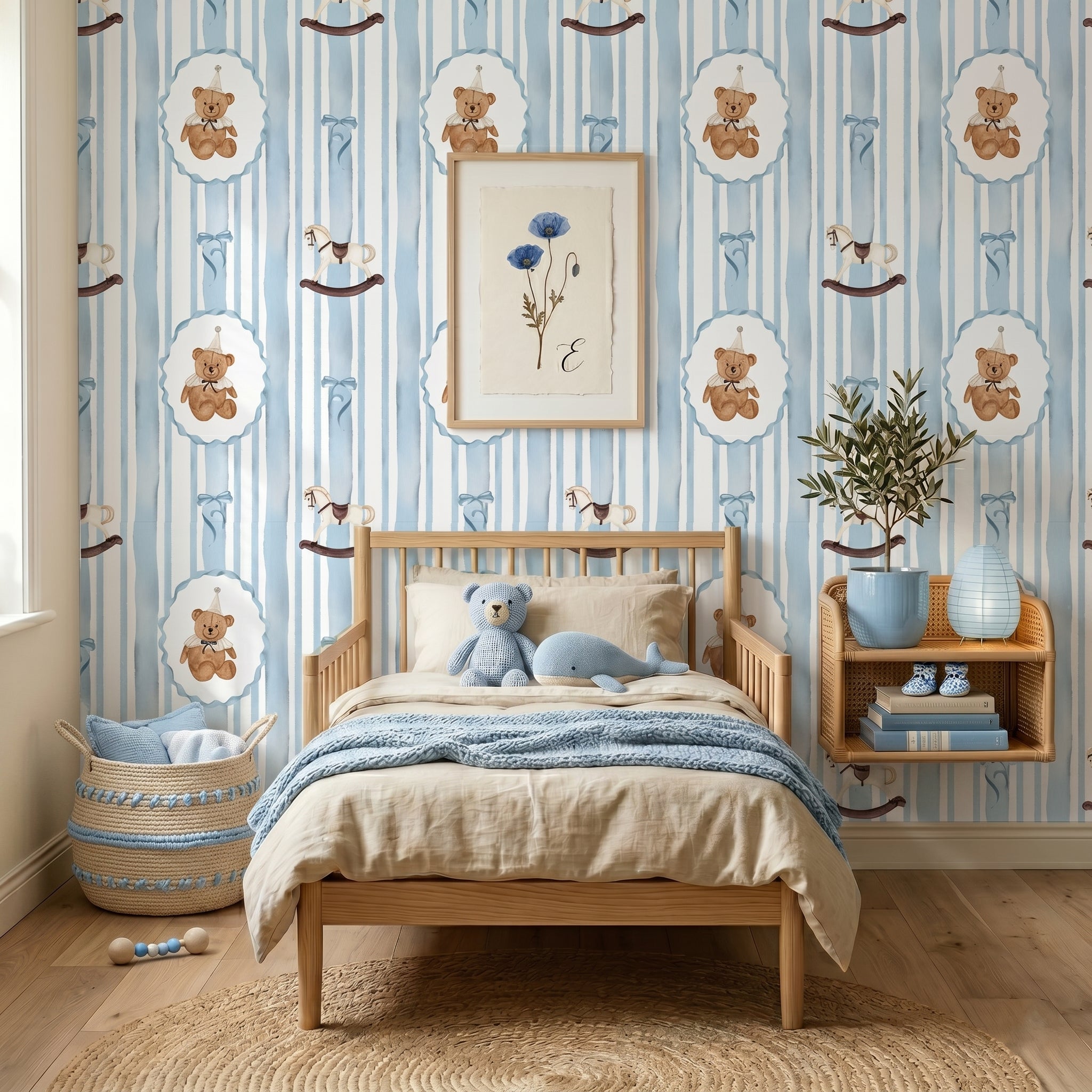 Childhood Memories Blue Wallpaper | Coquette Kids Room Nursery Wallpaper | Removable Girls Bedroom Feature Wall | Vintage Inspired Baby Room Decor