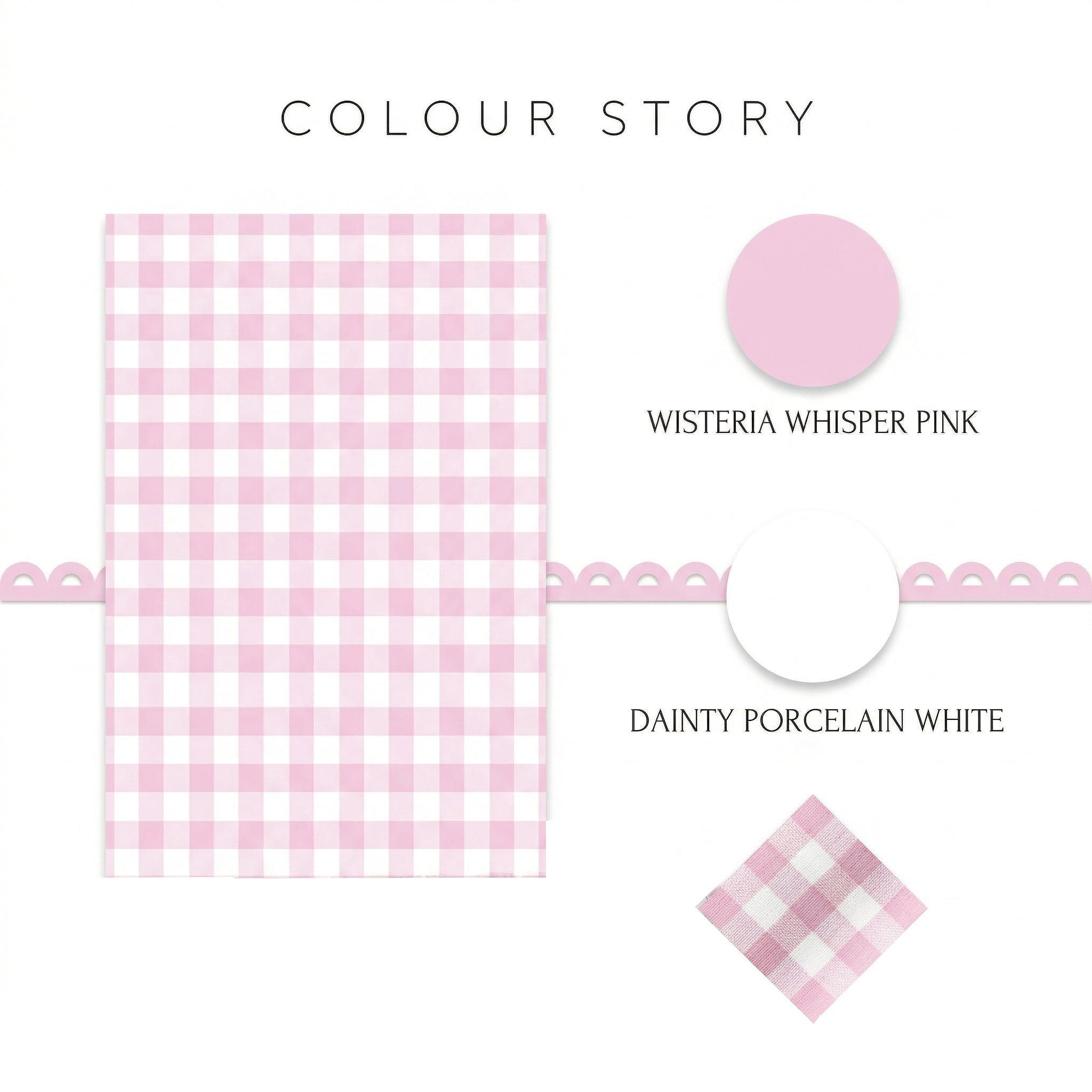 Pink & White Gingham Check Wallpaper with Scallop Border | Girls Princess Nursery Wallpaper | Coquette Kids Bedroom Feature Wall | Cottage Fairytale Half-Wall Wainscoting Decor