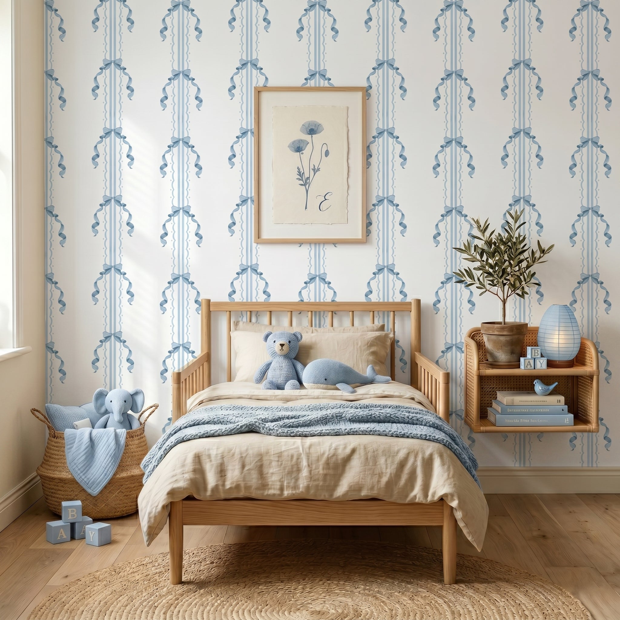 Coquette Blue Wallpaper | Vintage Kids Room Nursery Wallpaper | Removable Girls Bedroom Feature Wall | Vintage Inspired Baby Room Decor