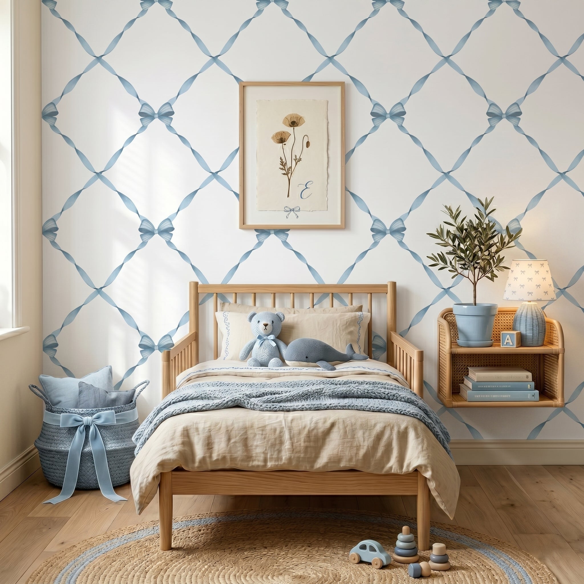 Blue Bows | Vintage Kids Room Nursery Wallpaper | Removable Girls Bedroom Feature Wall | Vintage Inspired Baby Room Decor