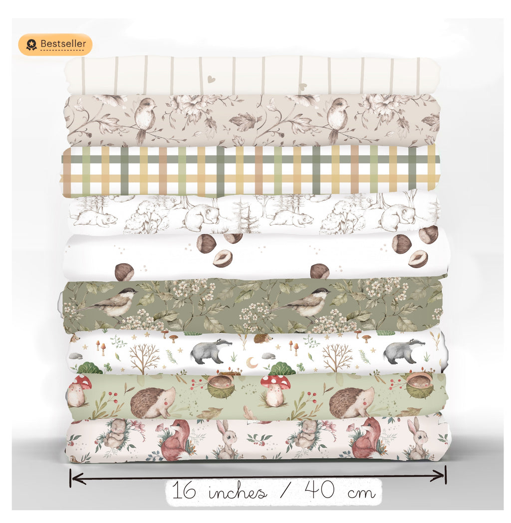 WOODLAND Stoffpaket Mix & Match WOODLAND Salbeigrün Baumwollstoff als Meterware Schachbrett Petal Quilt-Stoff Mix Match Salbei Tier