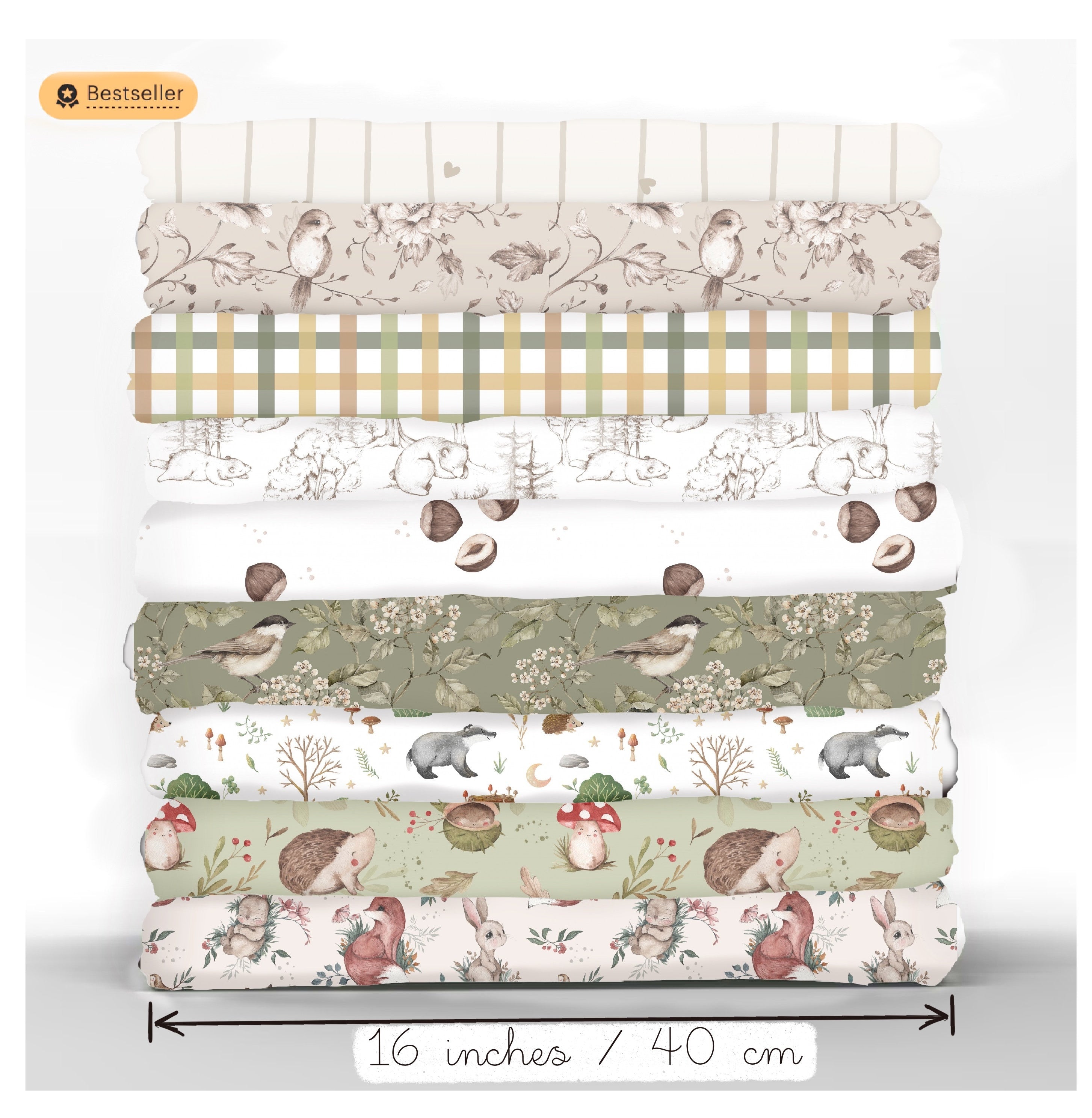 WOODLAND Stoffpaket Mix & Match WOODLAND Salbeigrün Baumwollstoff als Meterware Schachbrett Petal Quilt-Stoff Mix Match Salbei Tier