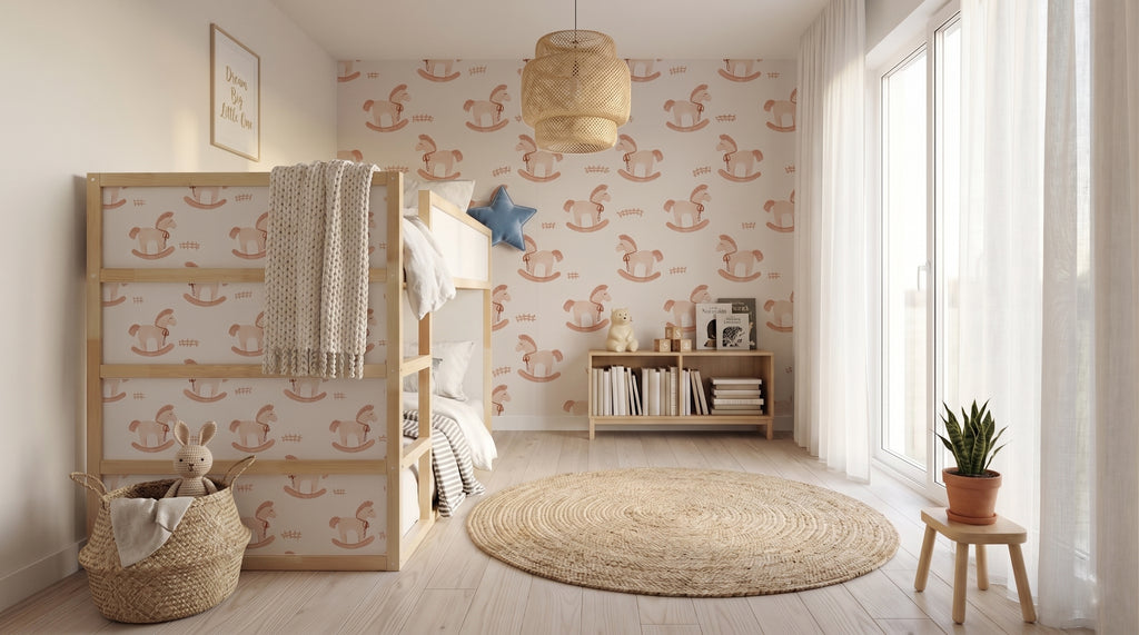 Rocking Horse Kids Wallpaper | Watercolour Nursery Wallpaper | Boho Toddler Room | Scandi Children's Wallpaper