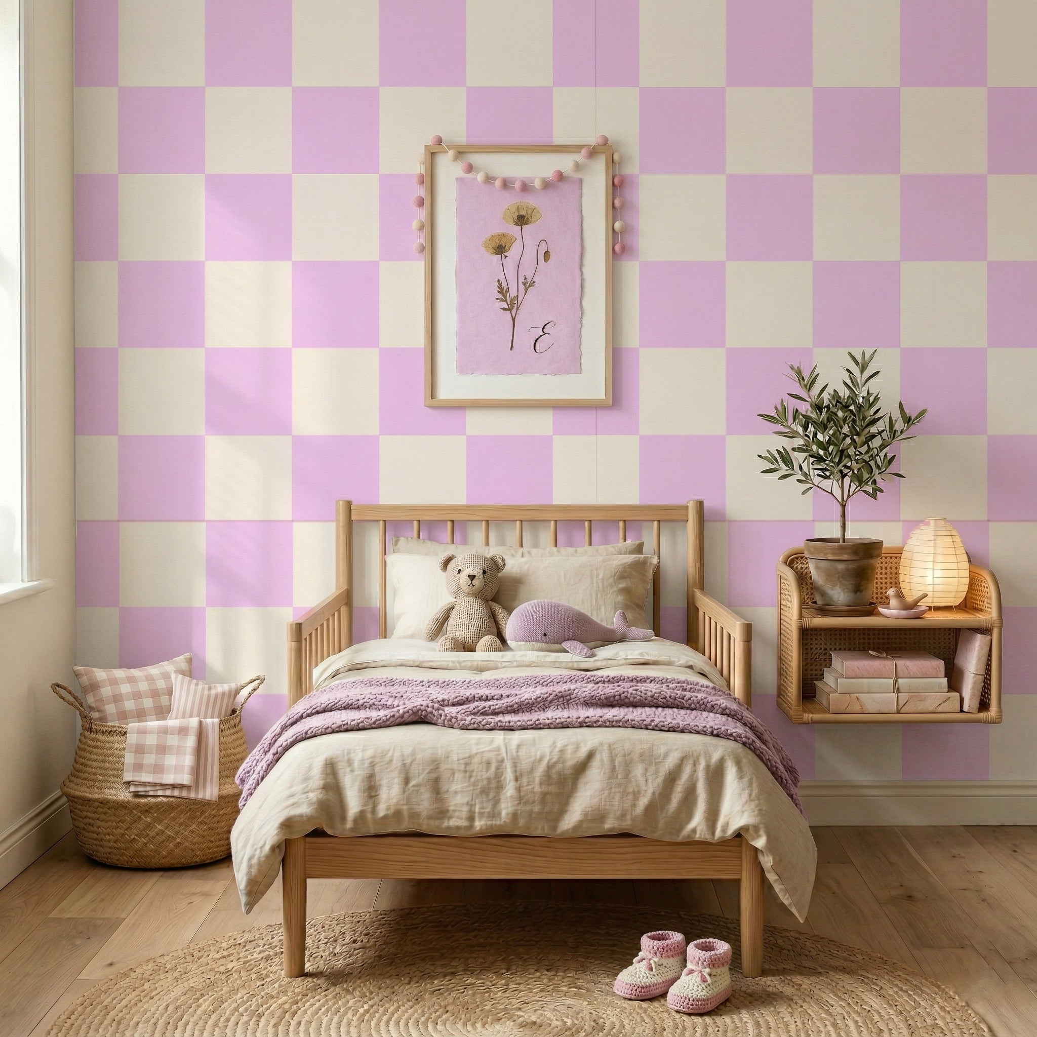 White & Pink Checkered Nursery Wallpaper Toddler Bedroom Wallpaper