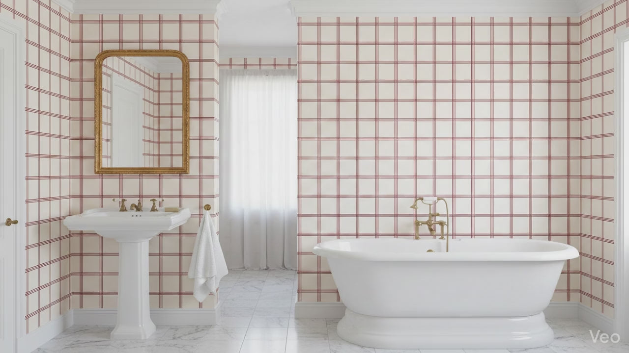 Triple Red Lines Grid Wallpaper | Vintage Style Wallpaper | Feature Wall Vintage Inspired  Room Decor