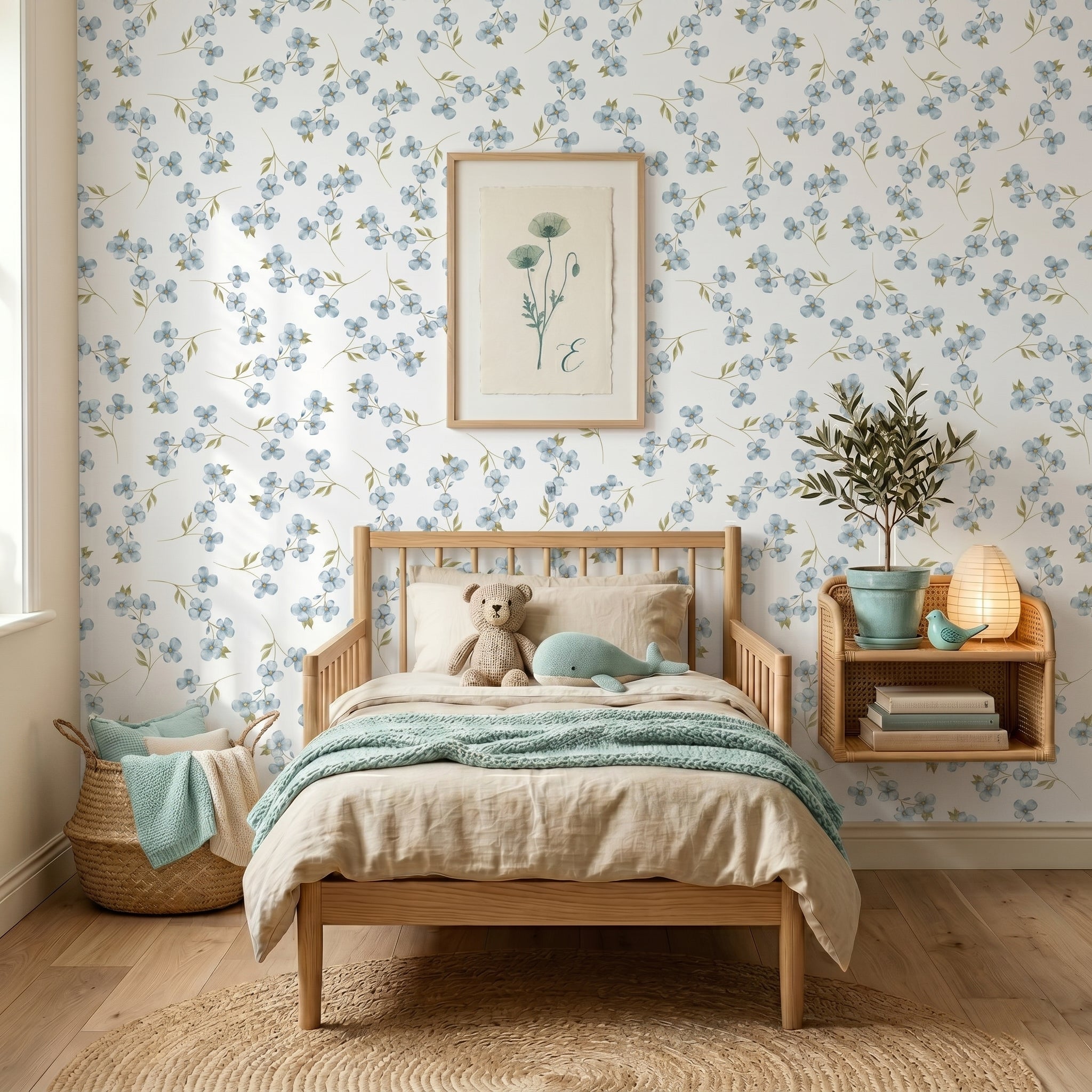 Forget-Me-Not Blue  Wallpaper | Coquette Kids Room Nursery Wallpaper | Removable Girls Bedroom Feature Wall | Vintage Inspired Baby Room Decor