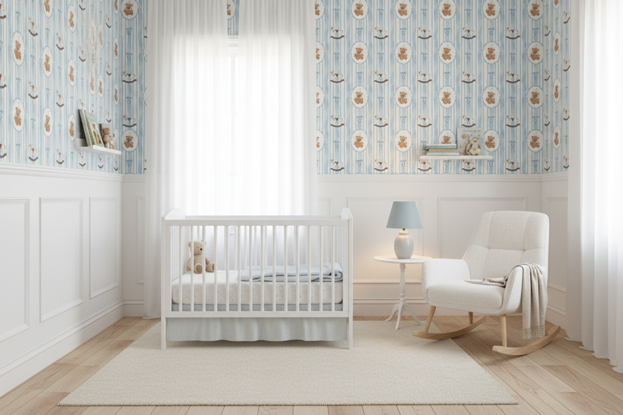 Childhood Memories Blue Wallpaper | Coquette Kids Room Nursery Wallpaper | Removable Girls Bedroom Feature Wall | Vintage Inspired Baby Room Decor
