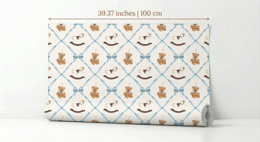 Bows and Toys Peel and Stick Wallpaper | Blue Bow Trellis Kids Room Nursery Wallpaper | Removable Baby Boy Room Decor