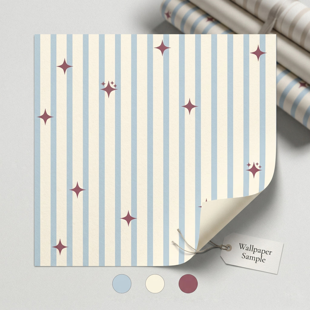 Red Stars on Beige and Blue Stripes| Nursery Wallpaper Toddler Bedroom Wallpaper