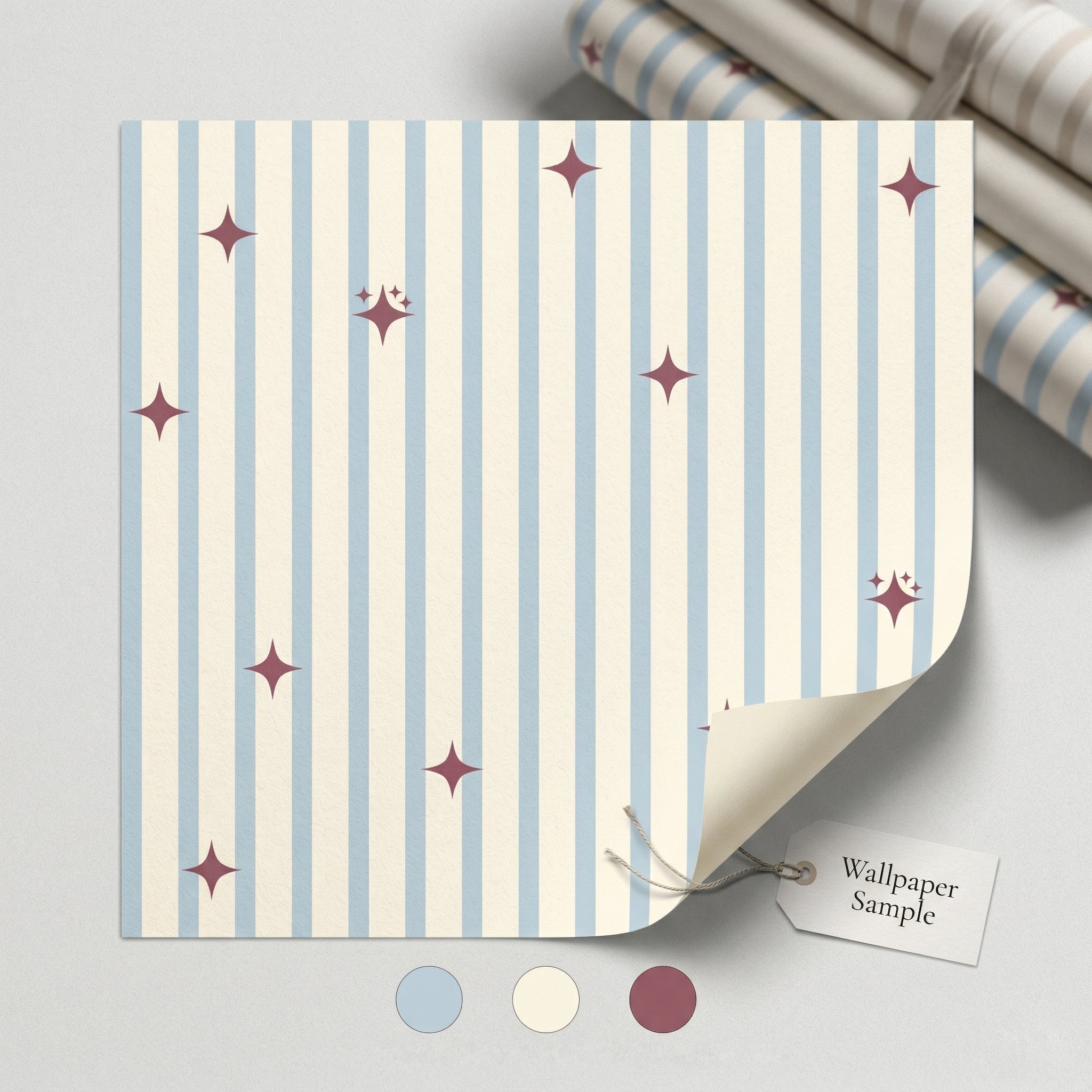 Red Stars on Beige and Blue Stripes| Nursery Wallpaper Toddler Bedroom Wallpaper