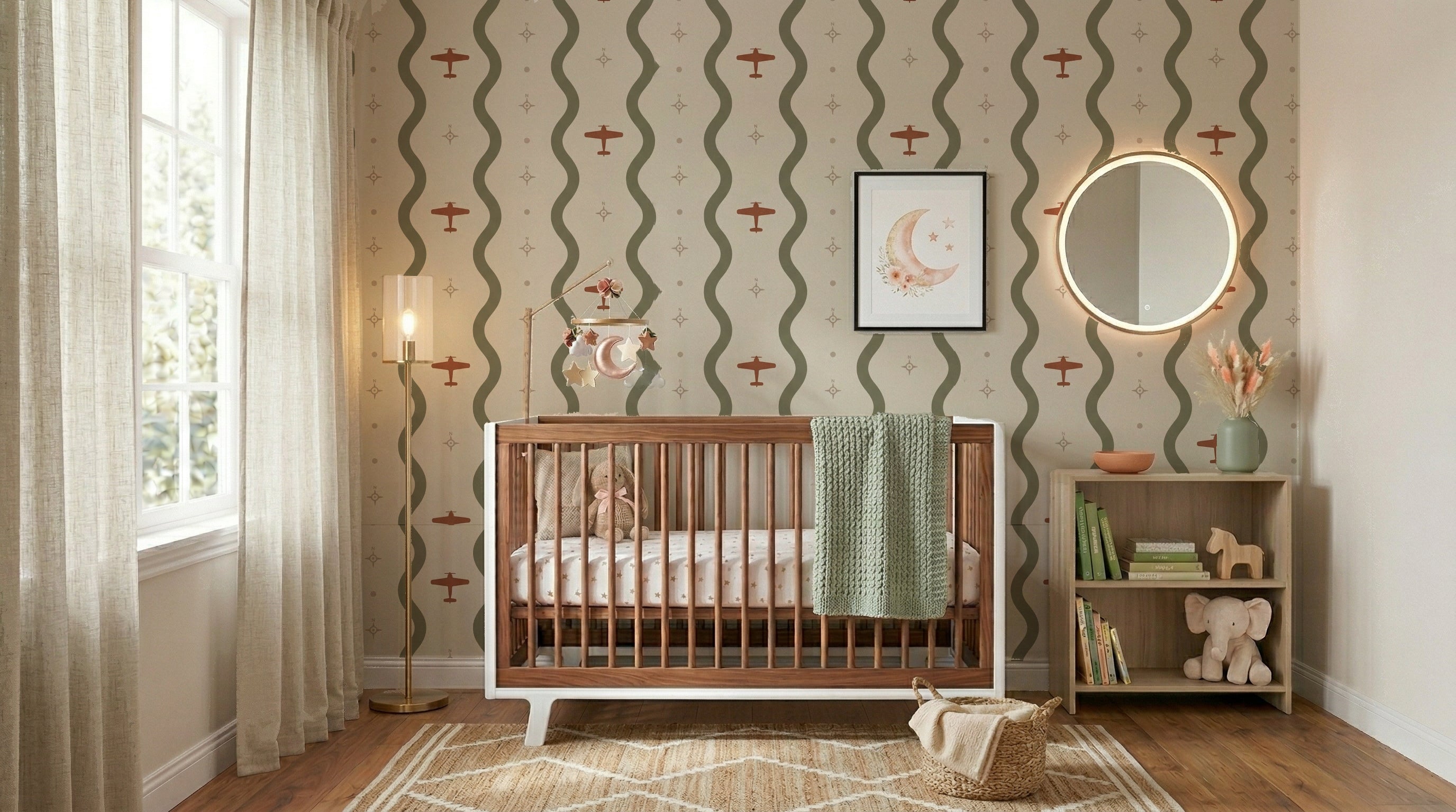 Toy Planes with Wavy Lines  Wallpaper | Vintage Kids Room Nursery Wallpaper | Removable Girls Bedroom Feature Wall | Vintage Inspired Baby Room Decor